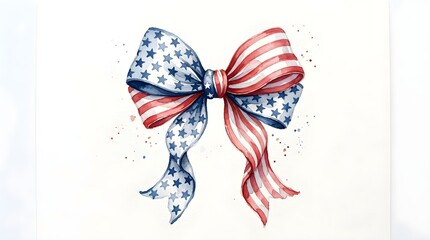 Obraz premium American Flag Bow Decoration – Festive Patriotic Ribbon Illustration with Blue Stars, Red and White Stripes, Symmetrical Loops and Tails, National Pride Symbol for Independence Day
