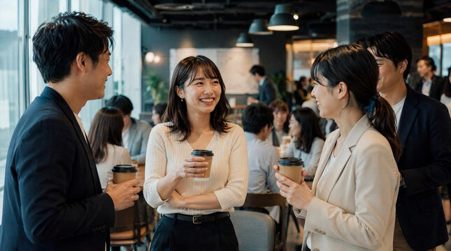 オフィスでコーヒーを飲みながら談笑するビジネスパーソンたち