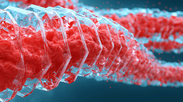 Crystalline blades intersecting a red organic strand, visualizing precision oncology, genomic sequencing, gene mutation mapping, targeted therapy and personalized cancer medicine