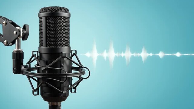 Professional microphone recording audio waveform on blue background.