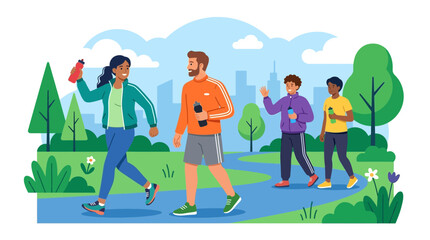 Fototapeta premium Diverse group of people walking and exercising in a park with city skyline background.