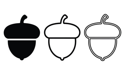 Minimalist set of three acorn icons in solid and outline styles evoking calm autumn growth on white with flat lighting. © YasirAkanda