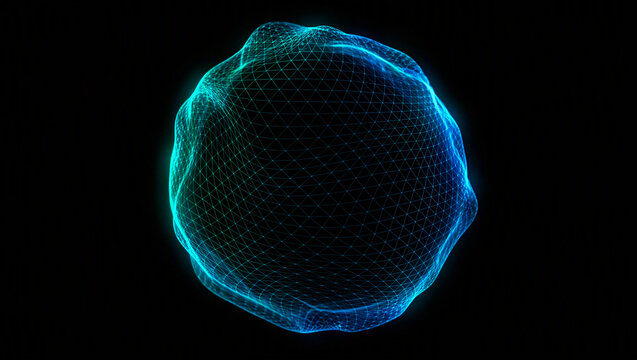 A glowing blue and green sphere with a network pattern on a black background, representing abstract digital data or energy.