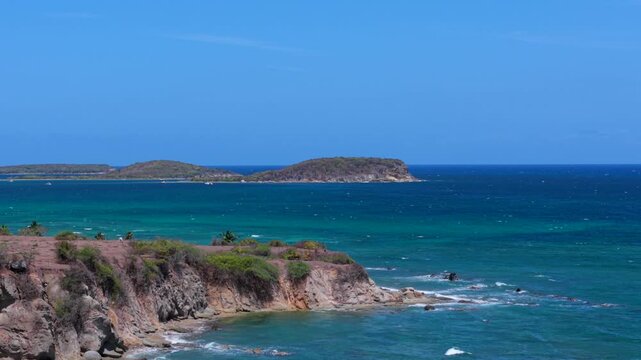 Scenic Rocky Coastline And Turquoise Waters In Vieques Island, Puerto Rico. - aerial ascend shot