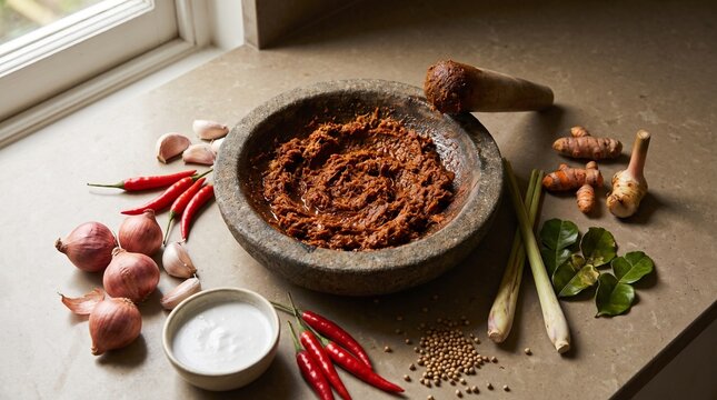 Indonesian rendang spice paste surrounded by traditional cooking ingredients, created for culinary education, recipe publishing, food tourism, restaurant storytelling, and commercial campaigns.