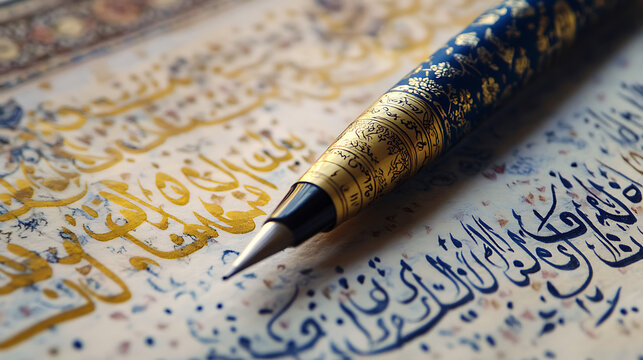 Closeup of a calligraphy pen on an illuminated manuscript.