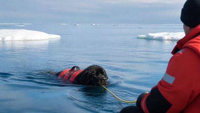 Newfoundland dog swimming with a life jacket in cold water near ice floes