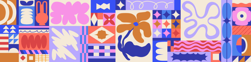 Plakat Abstract pattern, background with geometry and nature shapes in modern style. Geometric organic patterns, abstract design, collage layout with flower, leaf, textures. Mosaic vector illustration