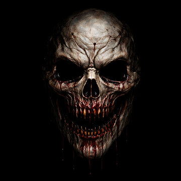 Grimacing zombie skull with exposed teeth and decaying flesh. Dark horror creature head isolated on black for Halloween and horror projects.