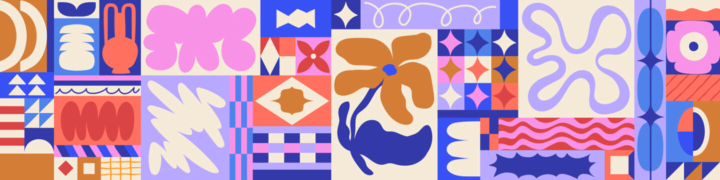 Abstract pattern, background with geometry and nature shapes in modern style. Geometric organic patterns, abstract design, collage layout with flower, leaf, textures. Mosaic vector illustration