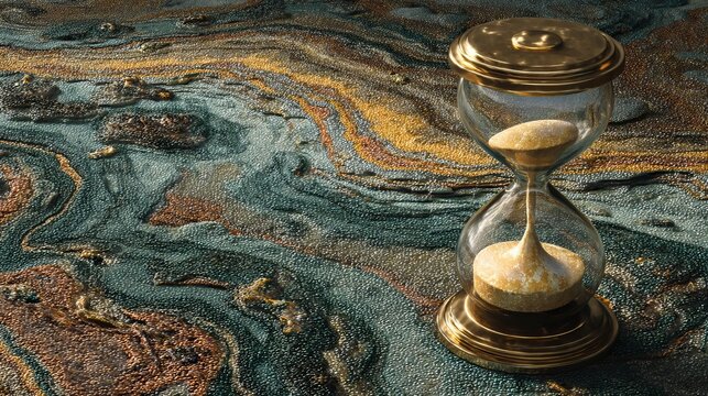 Golden hourglass sits upon swirling abstract marble texture, symbolizing time's passage and elegant, luxurious concepts