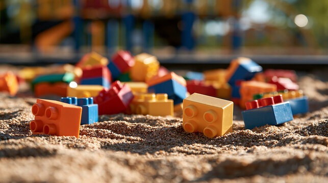 Colorful plastic building blocks scattered across a bright sandbox in a children's playground encouraging imagination and free play building blocks sandbox playground