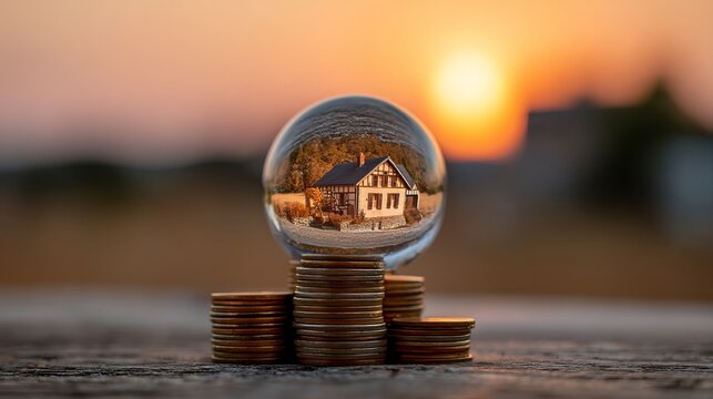Cozy home reflected within a crystal sphere, showcasing dreams, security, and future aspirations against a warm sunset glow