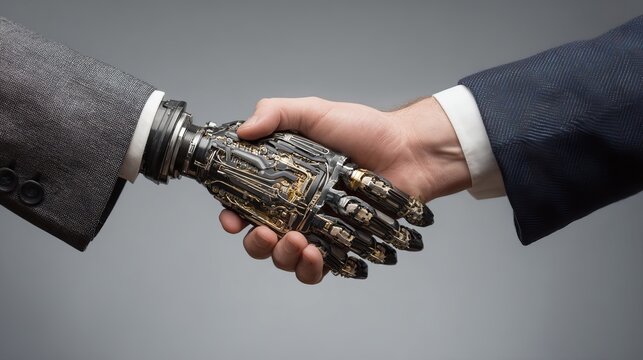 Robotic hand clasps a human hand, symbolizing partnership and technological advancement, modern concept illustration