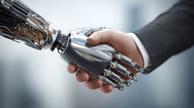 Human hand firmly grasping robotic hand, symbolizing collaboration and future technology concept for innovation