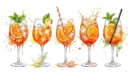 Obraz premium Watercolor Aperol Spritz cocktail illustrations with orange slices on white background.