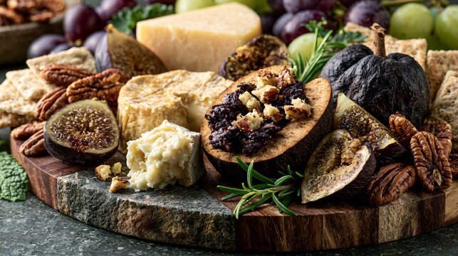 A luxury fruit and cheese board composition featuring black sapote fruit paired with creamy Brie, aged Gouda, figs, grapes, toasted pecans, and artisan crackers