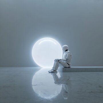 A solitary white robot sits pensively before a glowing circular portal, representing isolation and futuristic contemplation
