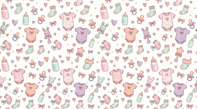 Cute baby clothing items seamless pattern illustration with socks, bottles, bows, pacifiers, heart icons in pink pastel, pastel purple, blue colors, vector design for print