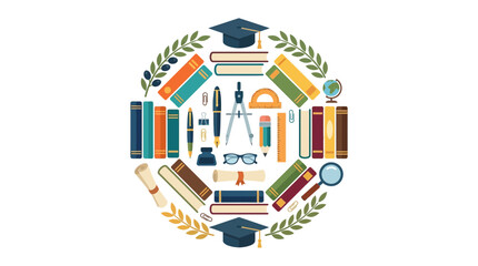 Fototapeta premium Education Symbols Collage - Graduation Caps, Books, Tools, Scrolls on White Background