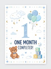 Obraz premium One Month Completed baby photo prop, blue teddy bear, clouds, balloons, stars, golden moon, toy blocks, text sign, baby shower invitation, milestone decor