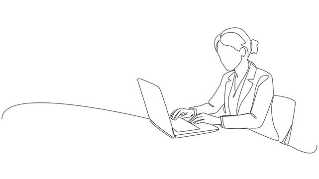 animated continuous line drawing of a businesswoman working on a laptop at desk, modern minimal style line art animation