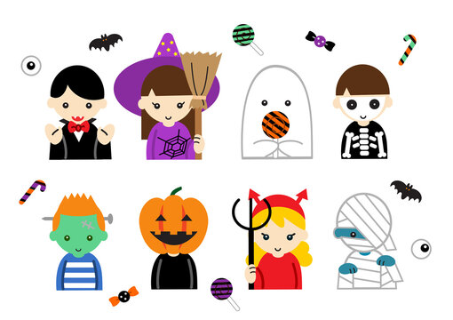 ハロウィンの仮装をした子どものアバターセット（吸血鬼・魔女・ジャックオーランタン・おばけ）
