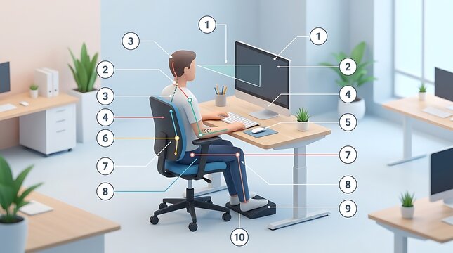 Proper ergonomic posture guide for computer workstation setup
