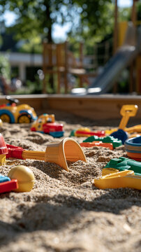 Empty children's sandbox with scattered colorful toys in a bright public playground on a sunny day empty sandbox scattered toys playground childhood outdoor play sand toys