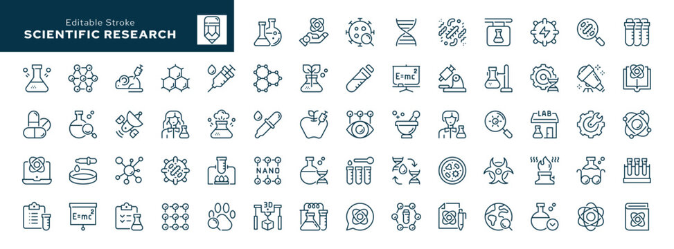Scientific research outline icons set. Science, laboratory, chemical experience and experiment. Molecula and atom. Line icon in linear style. Vector collection	