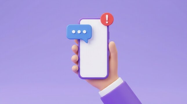 3D rendering of a mobile phone with a chat error message and warning exclamation mark icon.