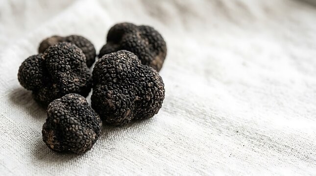 Raw black truffles lying on a linen cloth