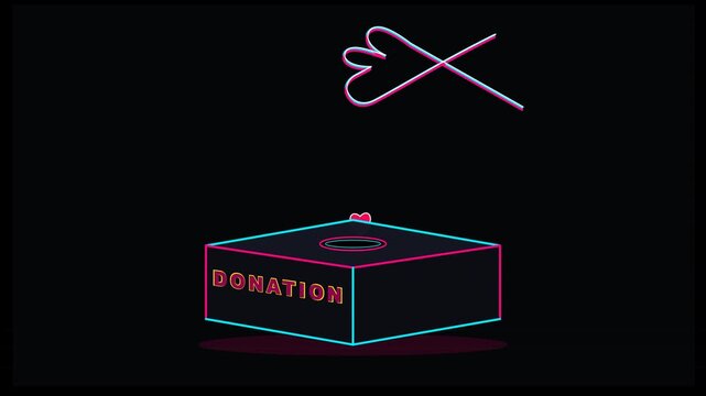 Animated Cyberpunk Neon Donation Box with Glowing Hearts Falling for Charity Live Stream Overlay Motion Graphics
