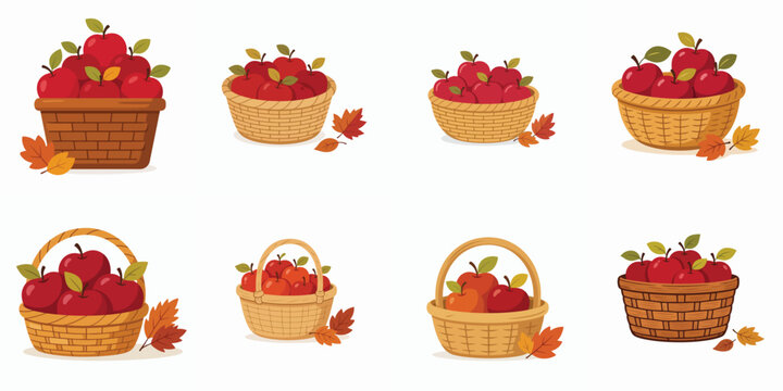 Vector icon of a woven basket containing several red apples and yellowish-green leaves. Autumn theme. Vektor, ilustration, minimalist, flat, icon, icon set