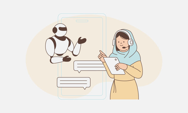 Woman Interacting with AI Chatbot for Digital Customer Service Illustration