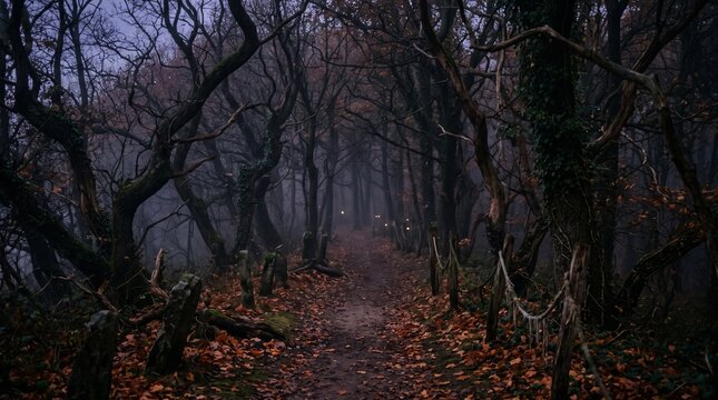 Pathway winds through a dense forest filled with dark bare trees and fallen autumn leaves today.