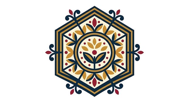 Decorative floral geometric ornament in hexagonal frame.