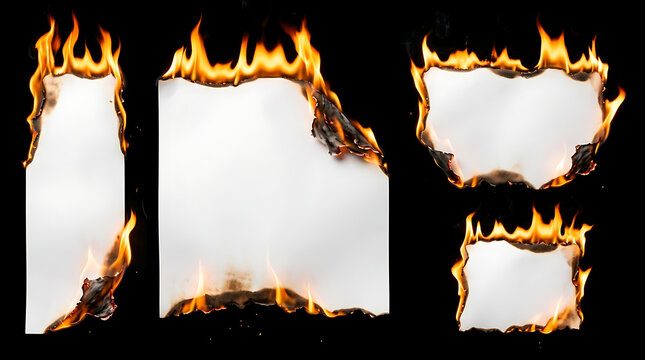 Set of white burning paper banner shapes with hot orange flames and charred edges on black background