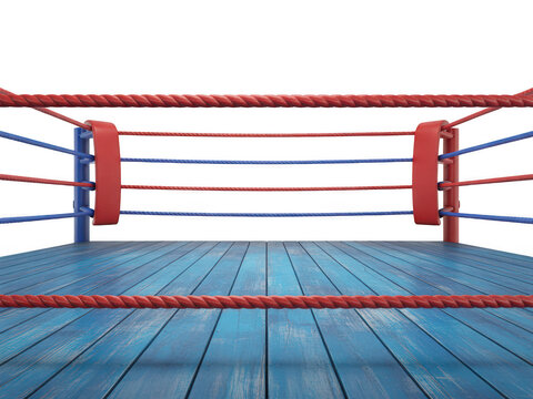 Empty boxing ring with blue floor and red ropes isolated on white isolated on transparent background