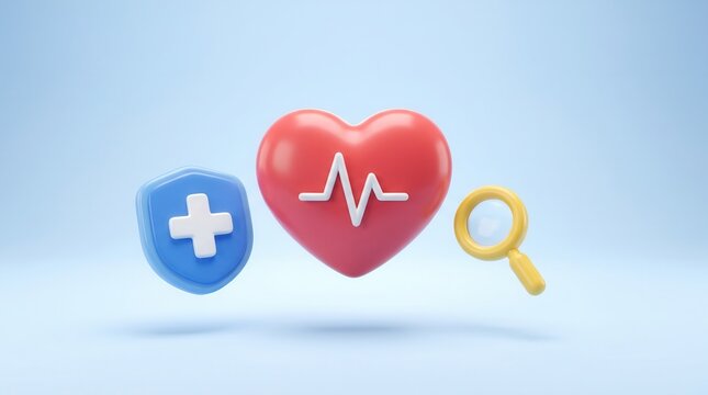 3D rendering of a medical shield icon with a cross, heart, pulse line, and magnifying glass for cardiac care.