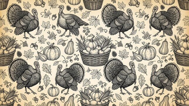 Vintage thanksgiving pattern with turkeys, pumpkins, and baskets in a handdrawn sketch style on a textured beige background