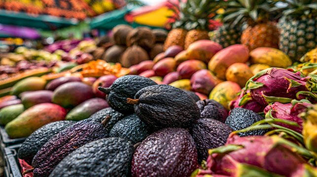 A tropical farmers market composition featuring freshly harvested black sapote fruit displayed beside mangoes, papayas, dragon fruit, coconuts, and pineapples beneath colorful canopies