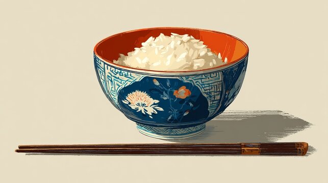 Steaming white rice served in a vibrant blue bowl, accompanied by wooden chopsticks, representing Asian cuisine concept
