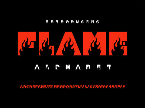 fire style alphabet design with uppercase and numbers