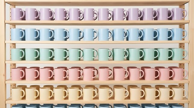 Colorful ceramic mugs arranged on wooden shelves
