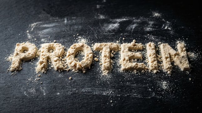 The word Protein written in whey protein powder on a dark textured background.