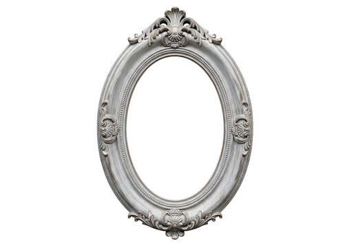 Ornate silver oval frame with floral carvings sits on transparent background