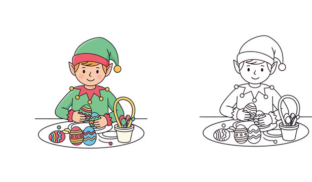Cute Christmas elf decorating and painting Easter eggs cartoon vector illustration and coloring book page outline
