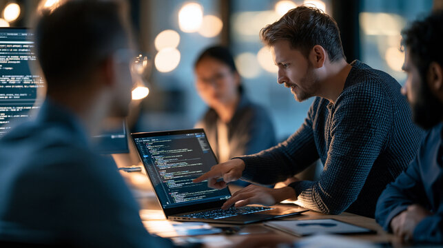 Rear view of development programmers meeting and brainstorming together while programming a website in a bright office faceless composition programmers brainstorming meeting