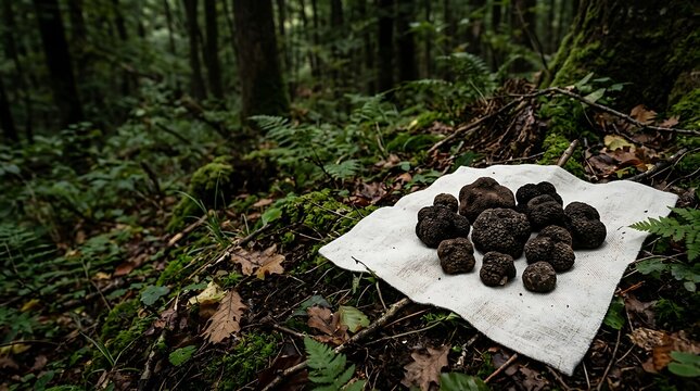 Black truffles resting on cloth in a lush forest floor